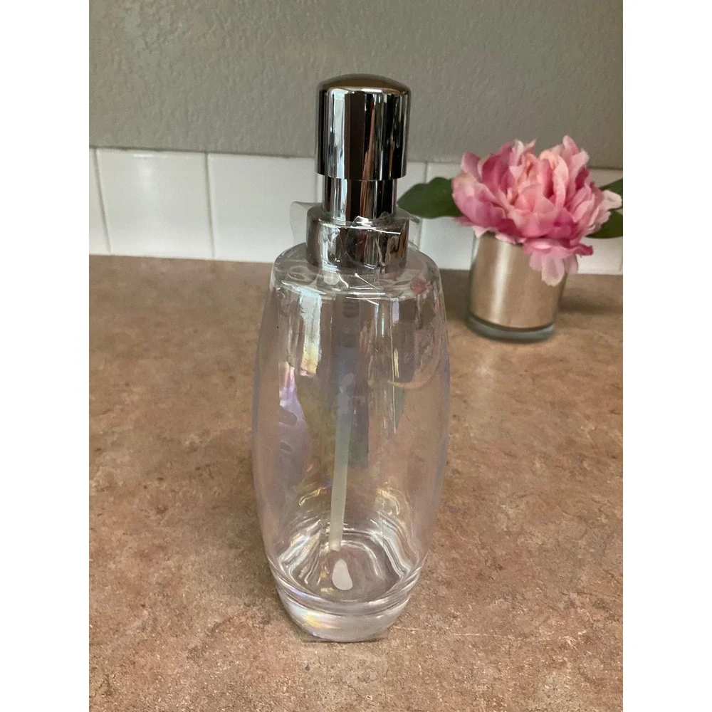 Iridescent Glass Soap Dispenser Chrome Pump Pearlescent Clear Refillable Bottle